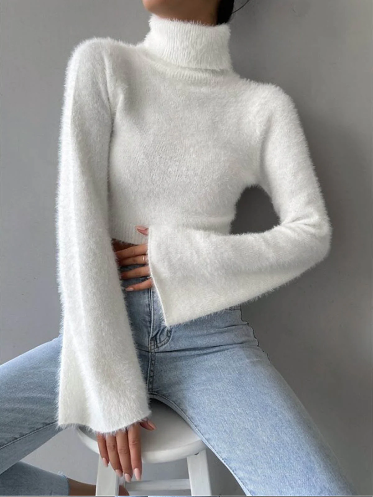 Turtleneck Fuzzy Crop Knit Top - Image 3