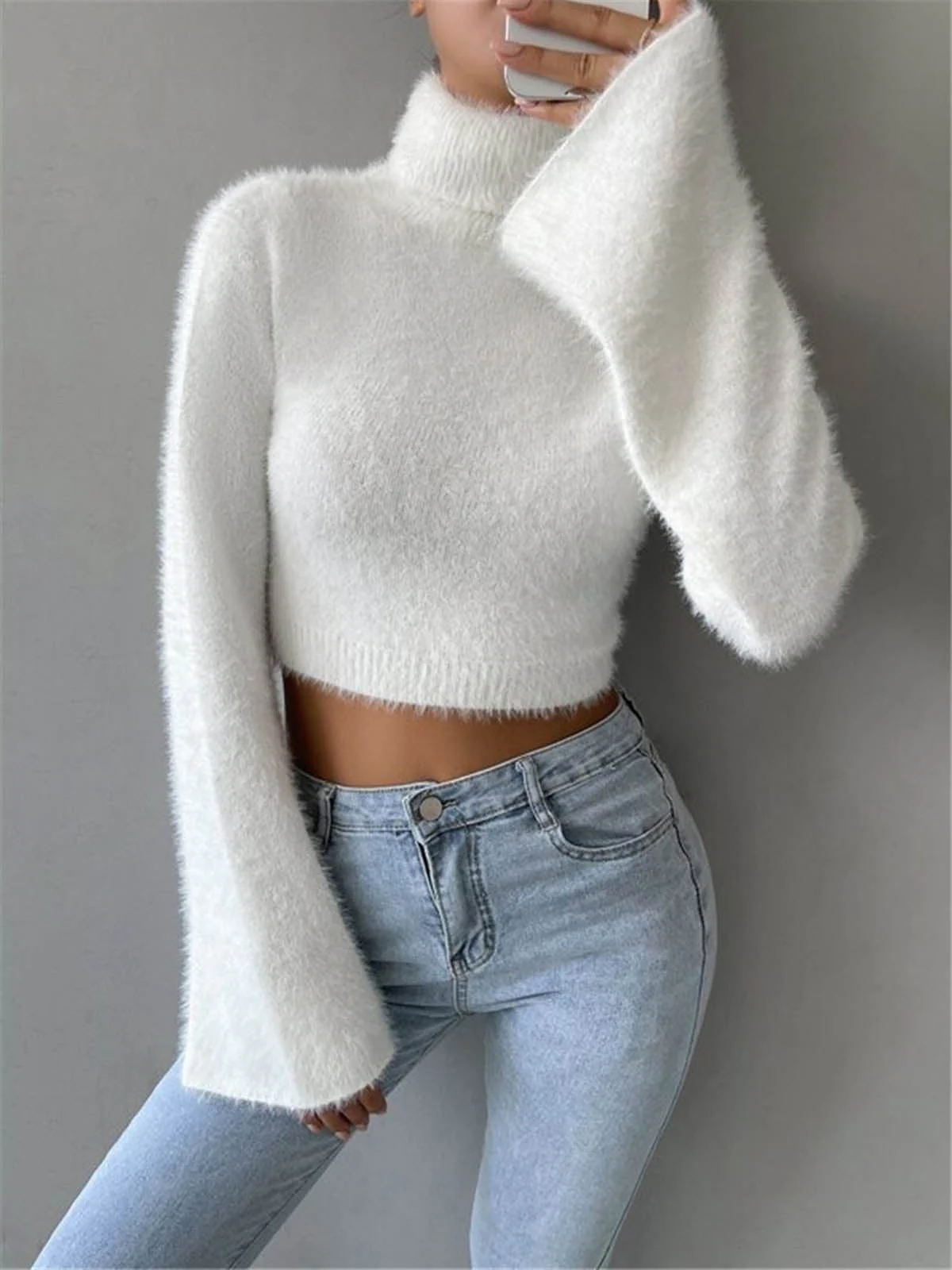Turtleneck Fuzzy Crop Knit Top - Image 4