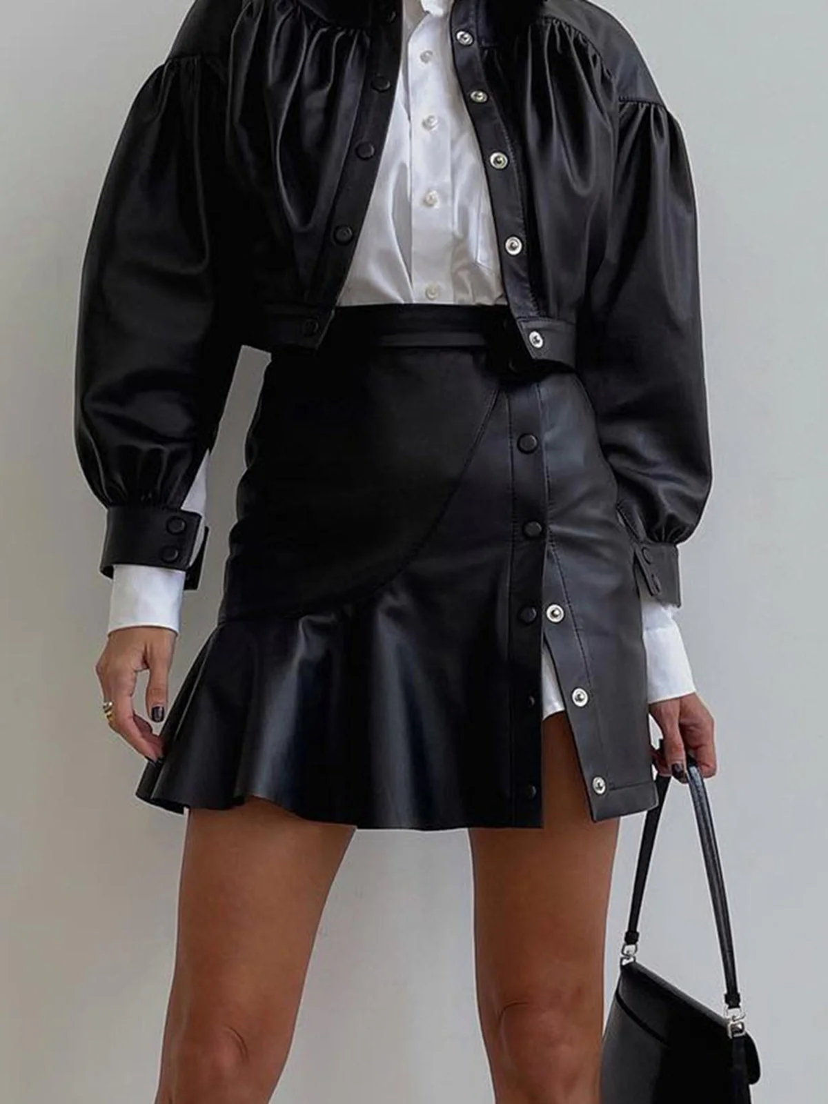 Ruffle Button Clasp PU Leather Skirt - Image 3