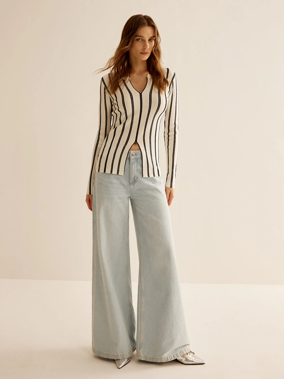 Split Pinstripe Slim Knit Top - Image 3