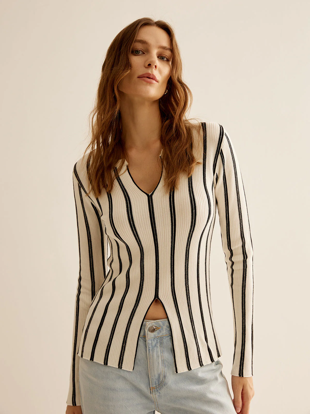 Split Pinstripe Slim Knit Top - Image 5