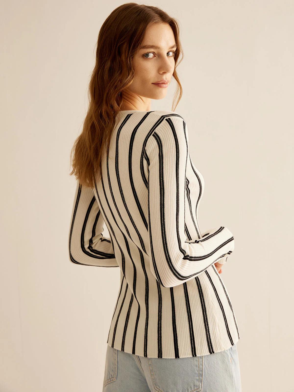Split Pinstripe Slim Knit Top - Image 6