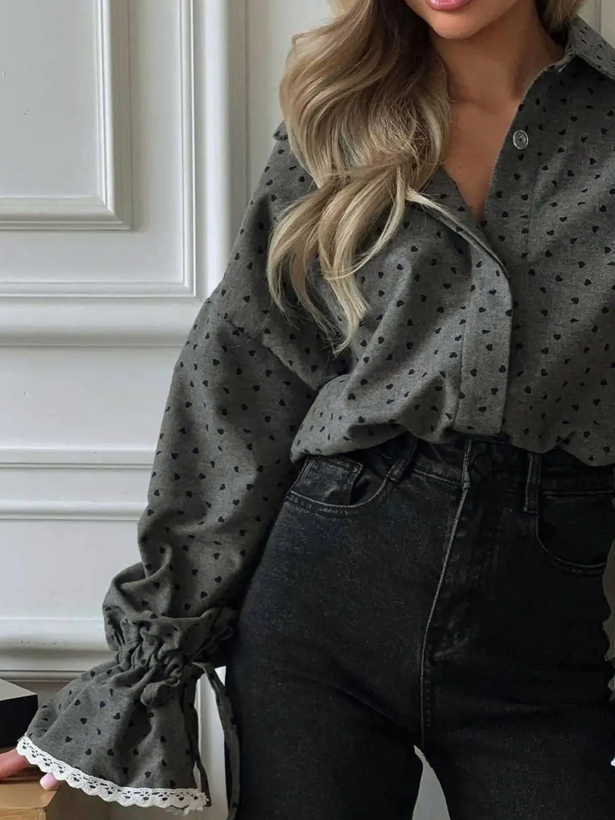 Women Heart Print Button Down Shirt - Image 2