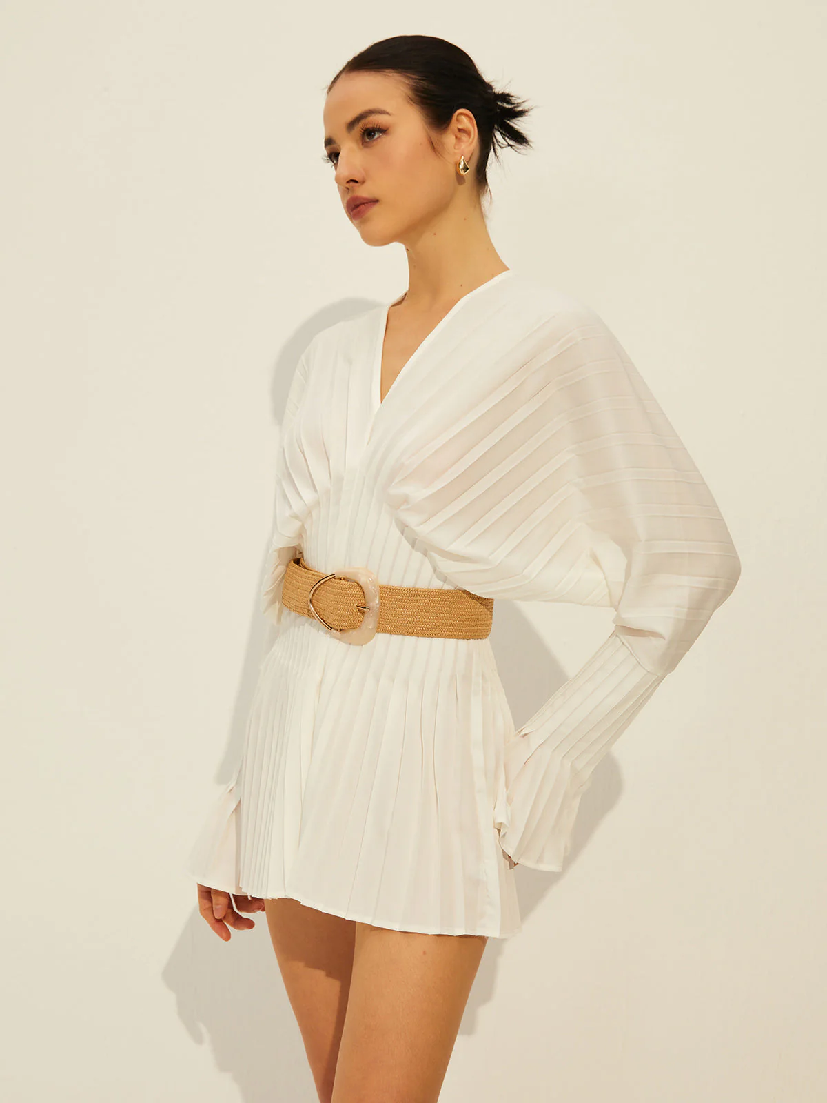 Pleated V-Neck Long Sleeve Dress - Image 2