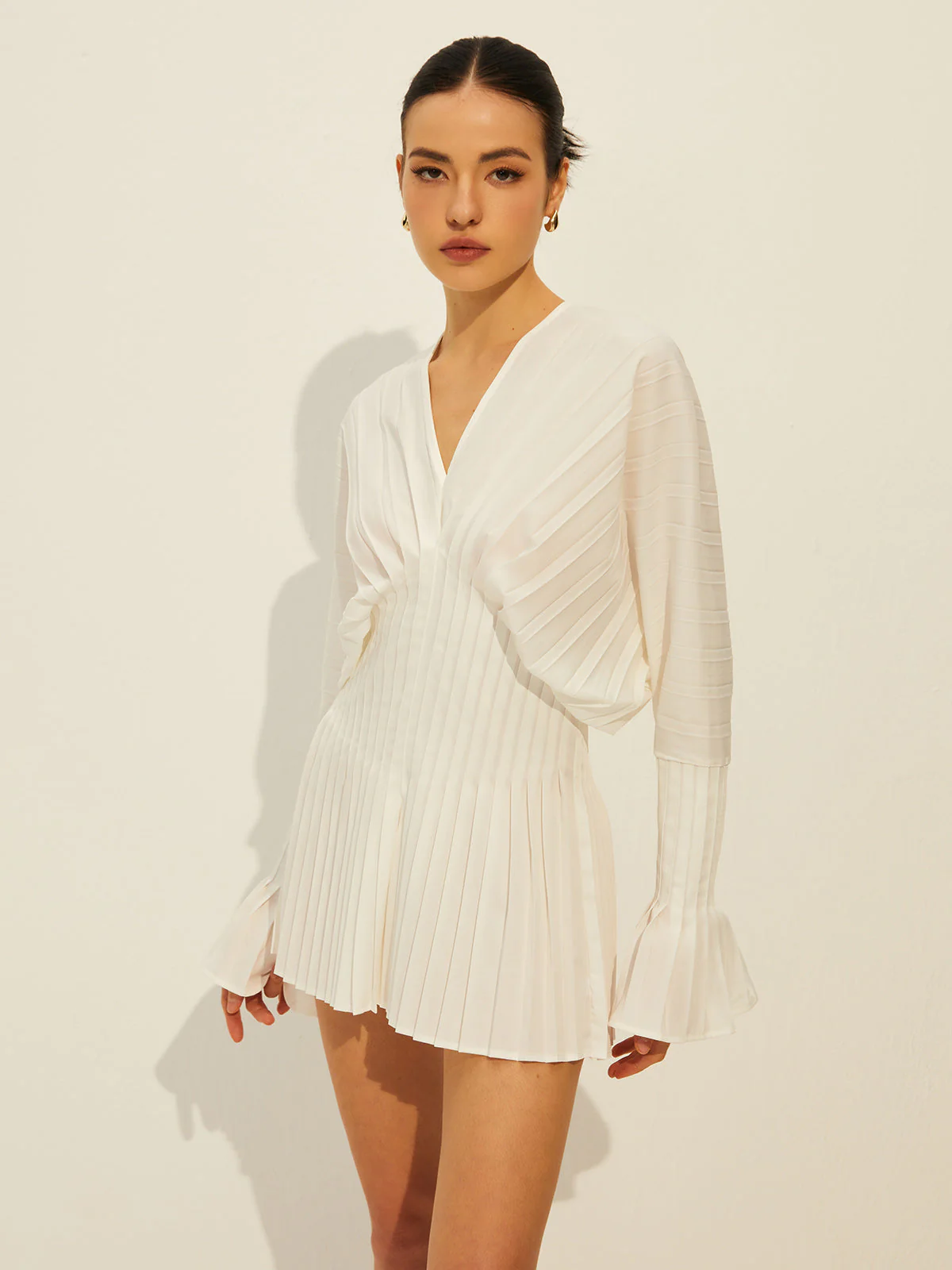 Pleated V-Neck Long Sleeve Dress - Image 4