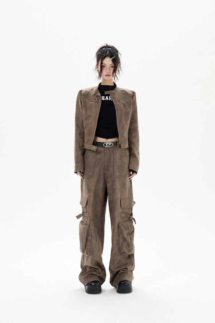 Cropped Biker Style Leather Jacket - Image 10