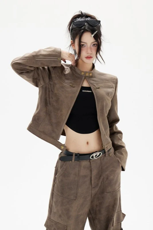 Cropped Biker Style Leather Jacket - Image 2