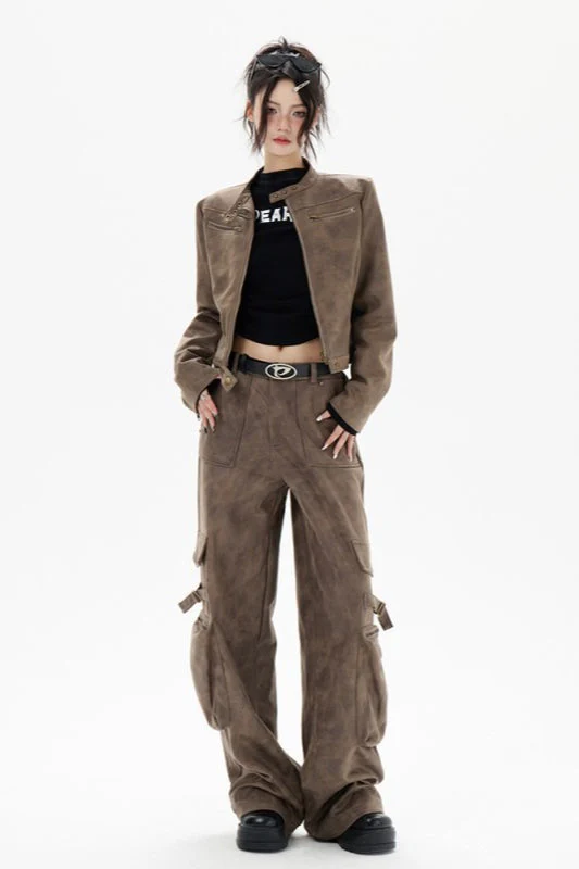 Cropped Biker Style Leather Jacket - Image 3