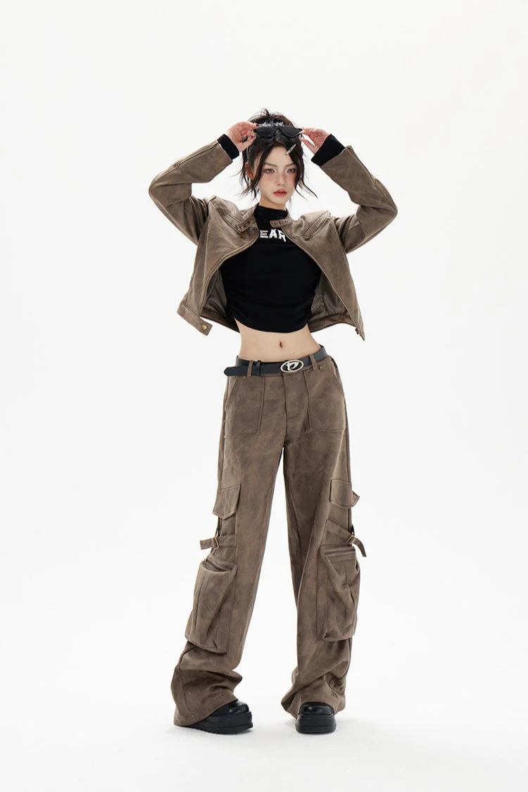 Cropped Biker Style Leather Jacket - Image 5