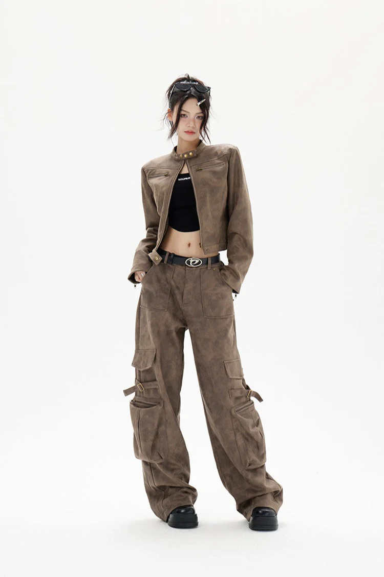 Cropped Biker Style Leather Jacket - Image 6