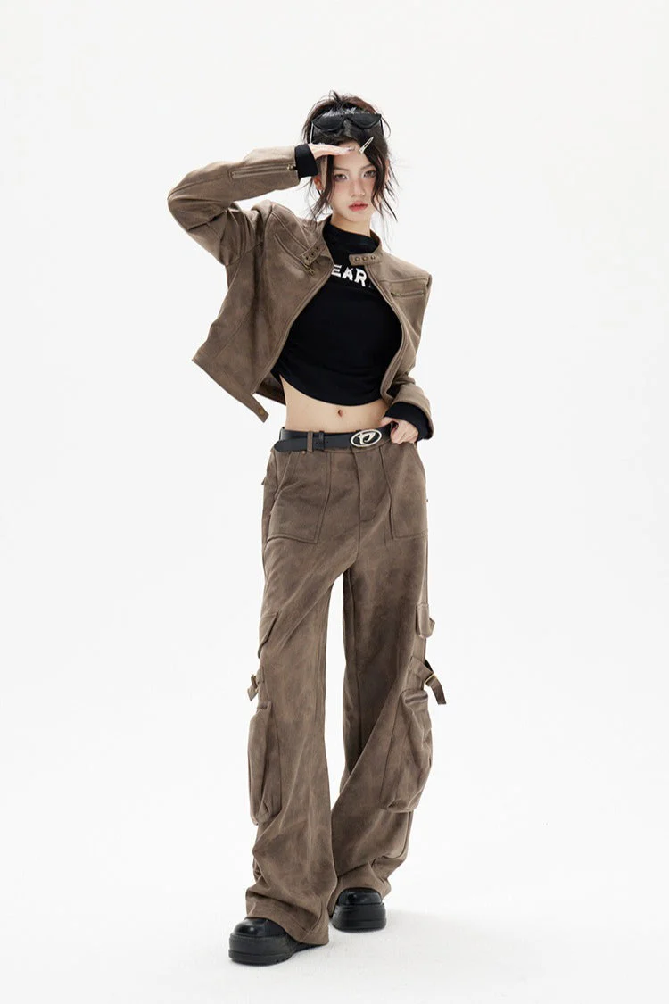 Cropped Biker Style Leather Jacket - Image 7