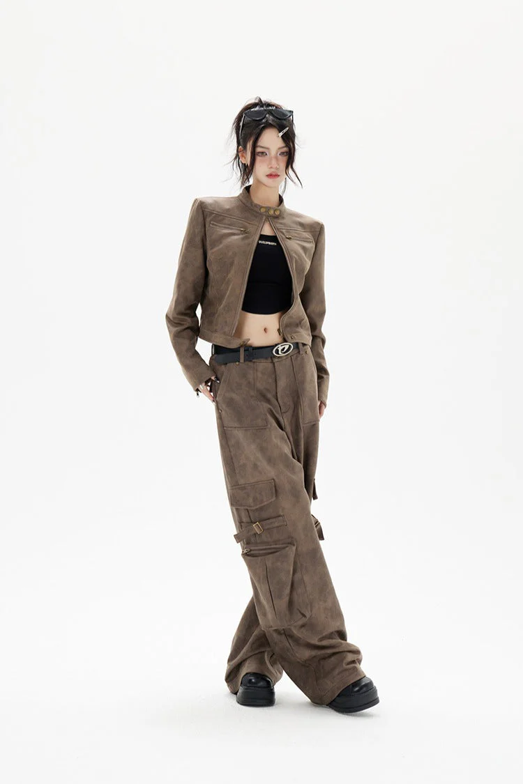 Cropped Biker Style Leather Jacket - Image 9