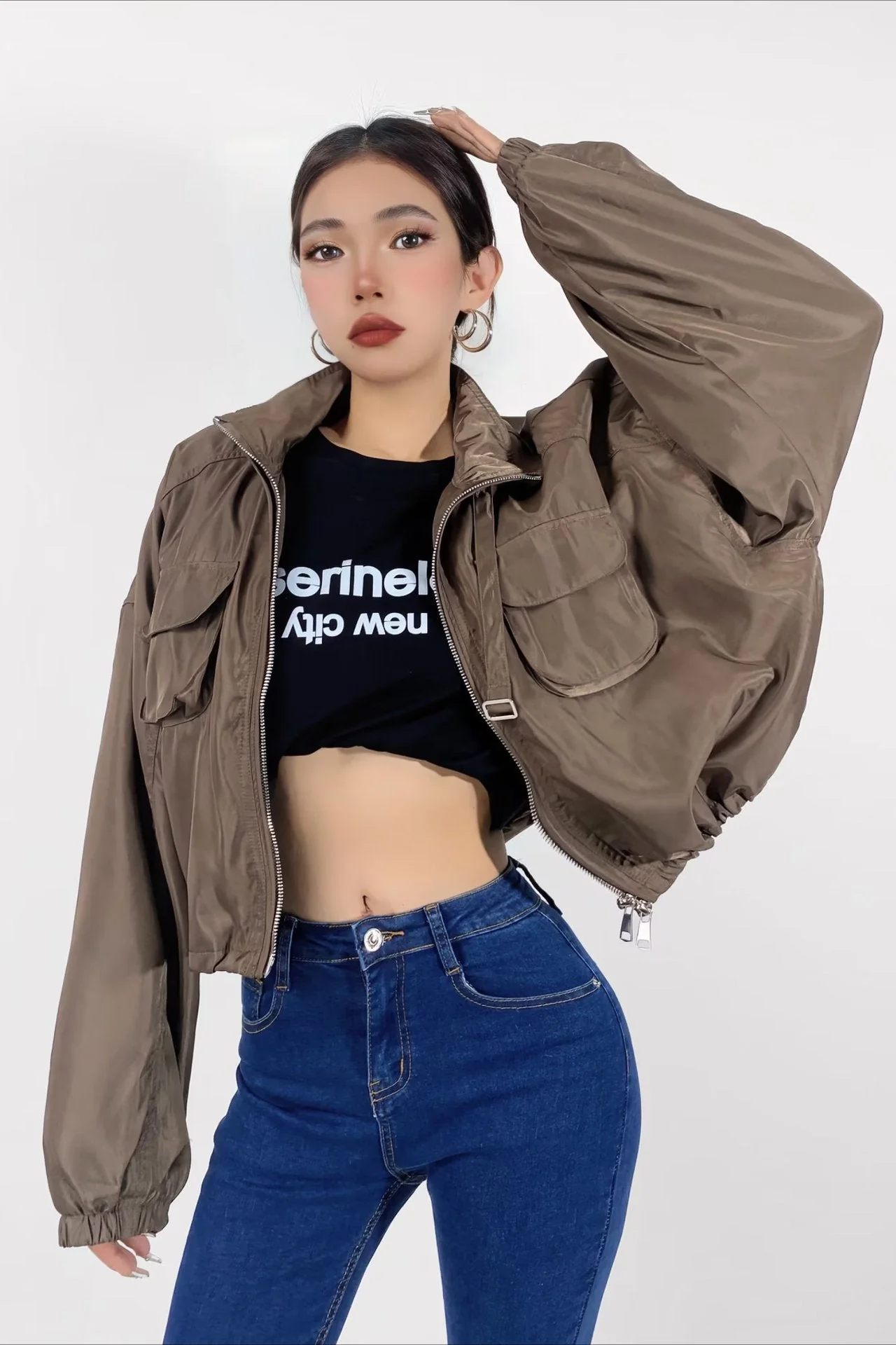 Cropped Cargo High Neck Coat - Image 3