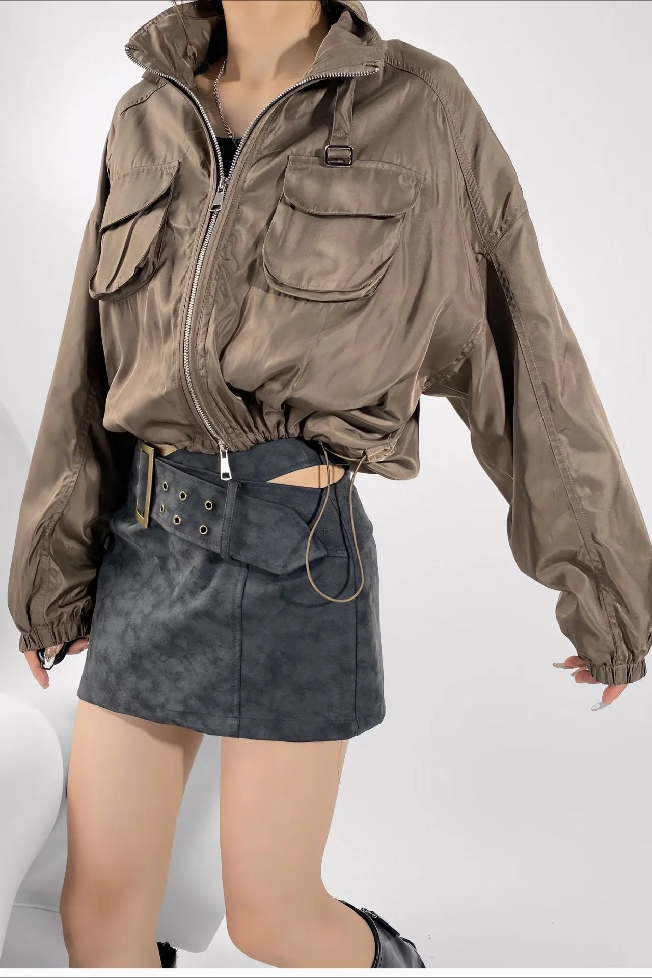 Cropped Cargo High Neck Coat - Image 4