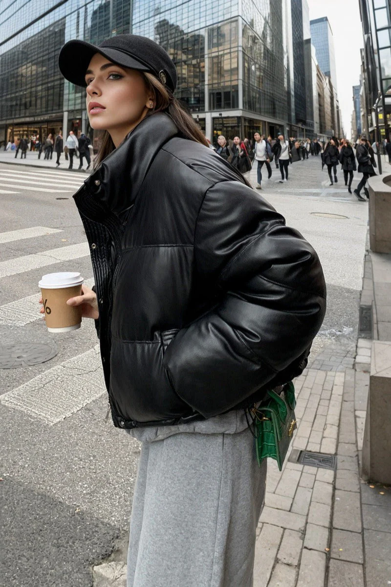 Cropped Faux Leather Insulated Puffer Jacket - Image 16