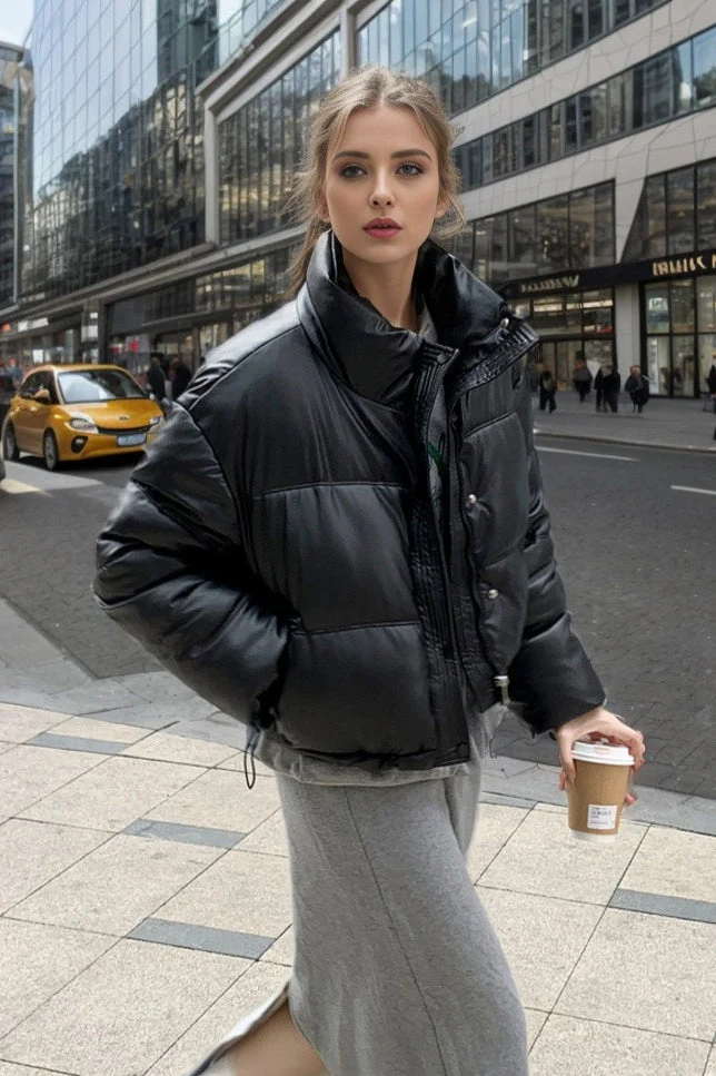 Cropped Faux Leather Insulated Puffer Jacket - Image 17