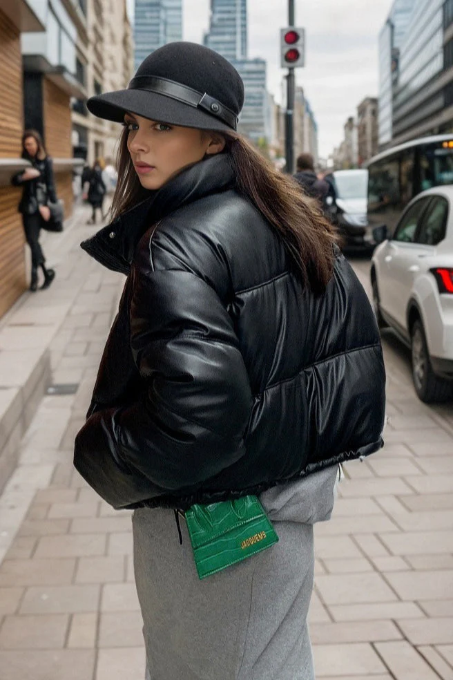 Cropped Faux Leather Insulated Puffer Jacket - Image 18