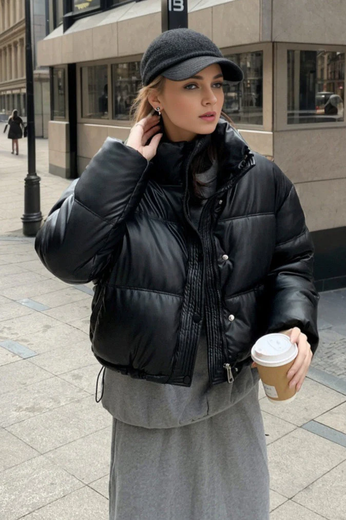 Cropped Faux Leather Insulated Puffer Jacket - Image 19
