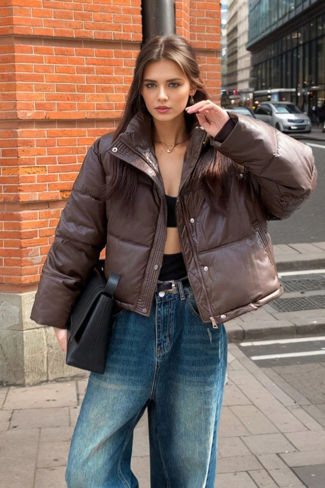 Cropped Faux Leather Insulated Puffer Jacket - Image 4