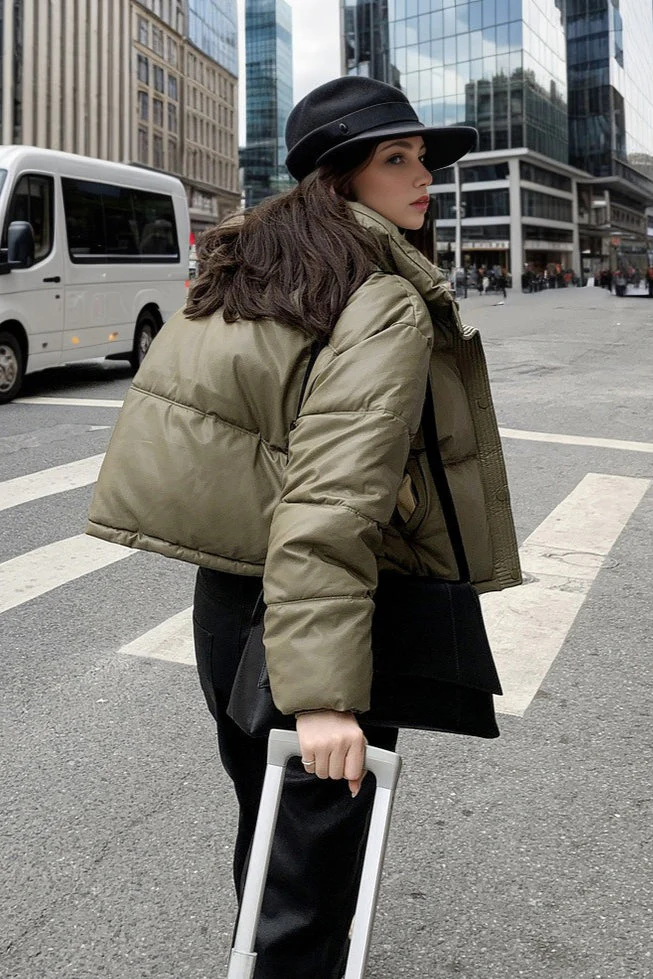Cropped Faux Leather Insulated Puffer Jacket - Image 6