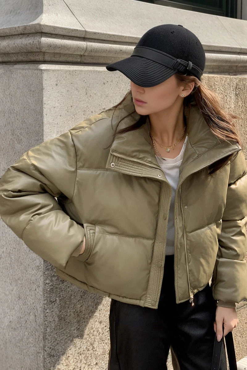Cropped Faux Leather Insulated Puffer Jacket - Image 7