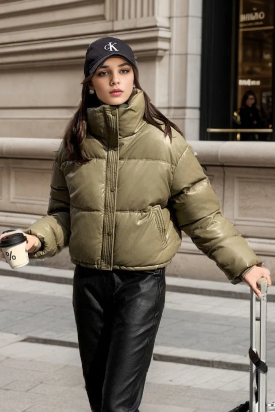 Cropped Faux Leather Insulated Puffer Jacket - Image 9