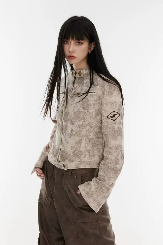 Cropped Tie-Dye Stand Collar Jacket - Image 4