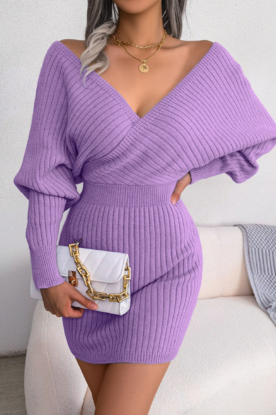 Cross V-Neck Batwing Fitted Sweater Dress - Image 6