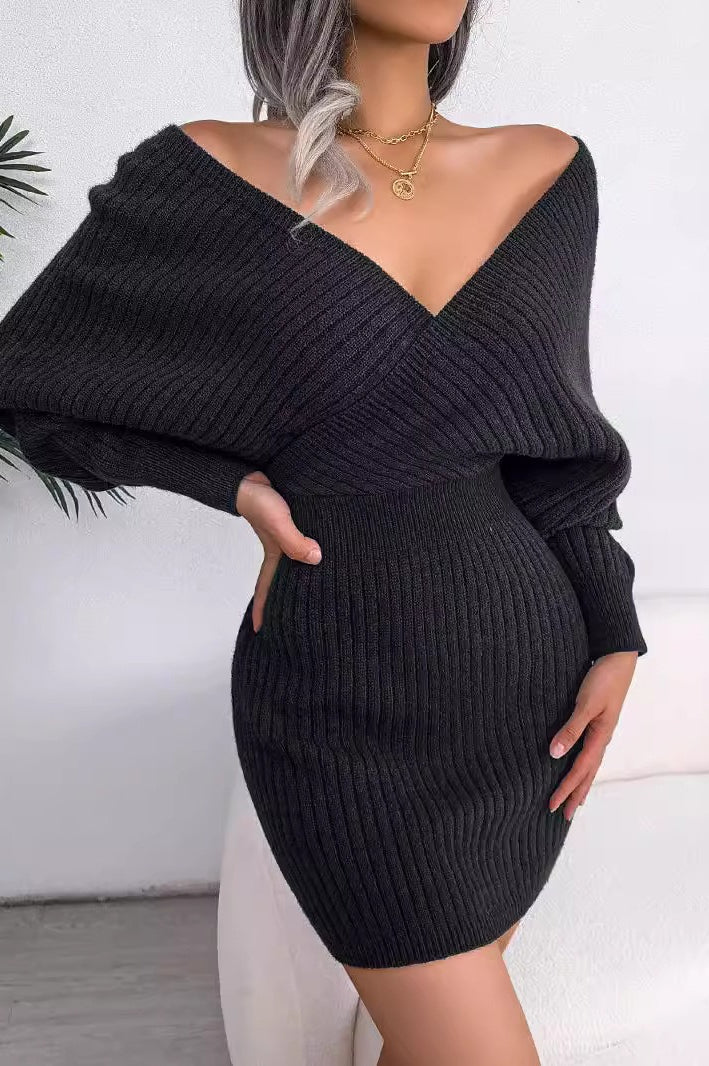 Cross V-Neck Batwing Fitted Sweater Dress - Image 7