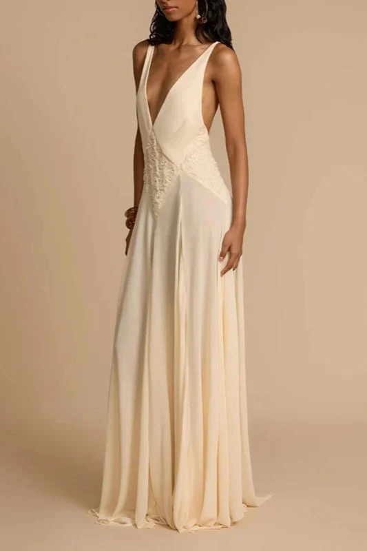 Deep V Neck Lace Patchwork Boho Dress - Image 4