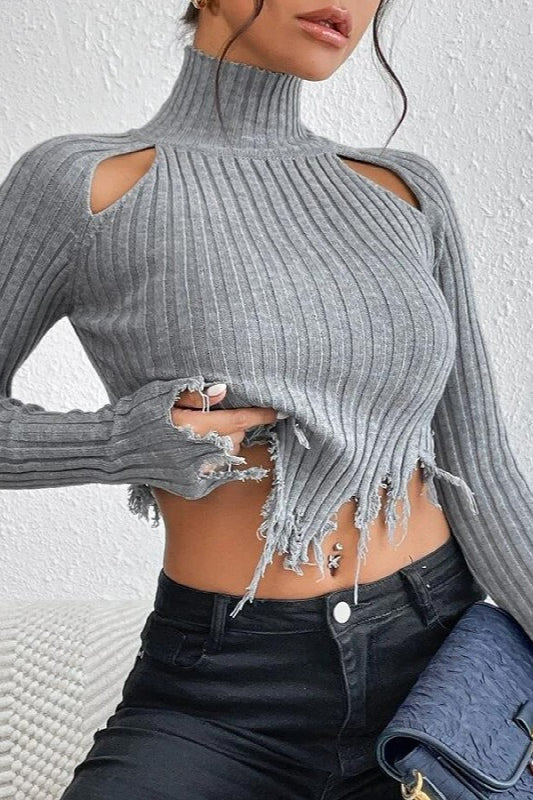 Distressed Cropped Turtleneck Knit Top - Image 2
