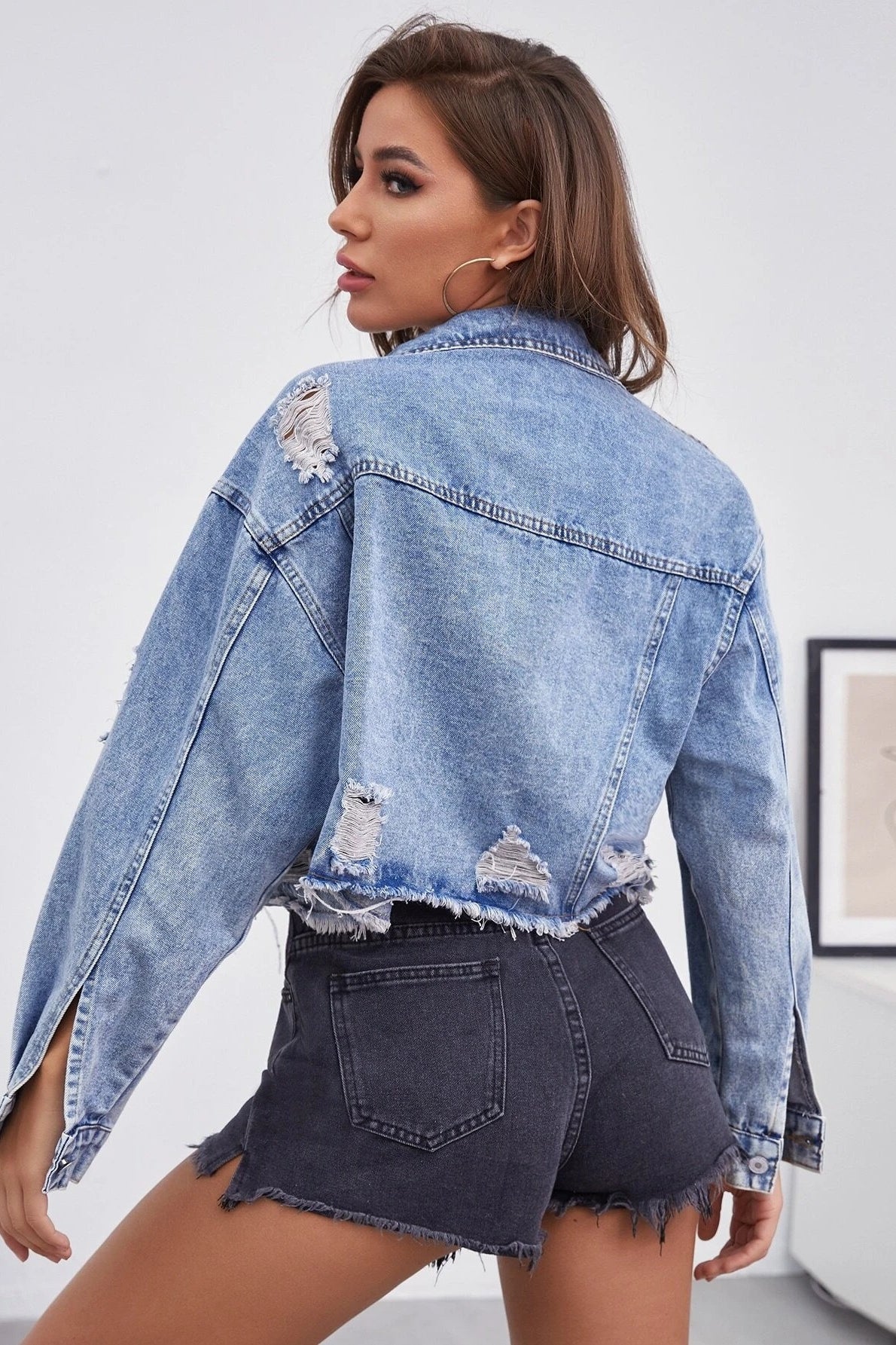 Distressed Raw Hem Denim Jacket - Image 13