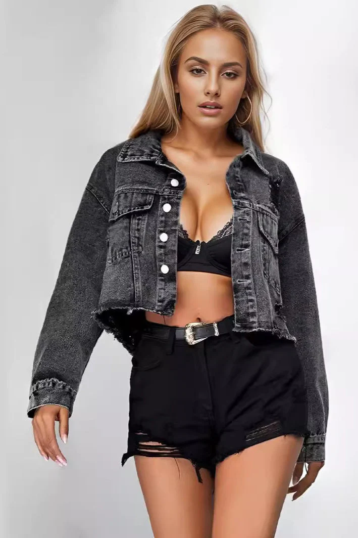 Distressed Raw Hem Denim Jacket - Image 2