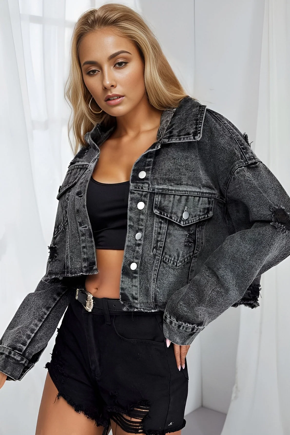 Distressed Raw Hem Denim Jacket - Image 3