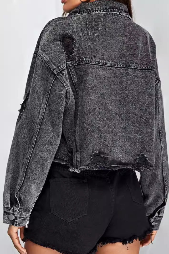 Distressed Raw Hem Denim Jacket - Image 4