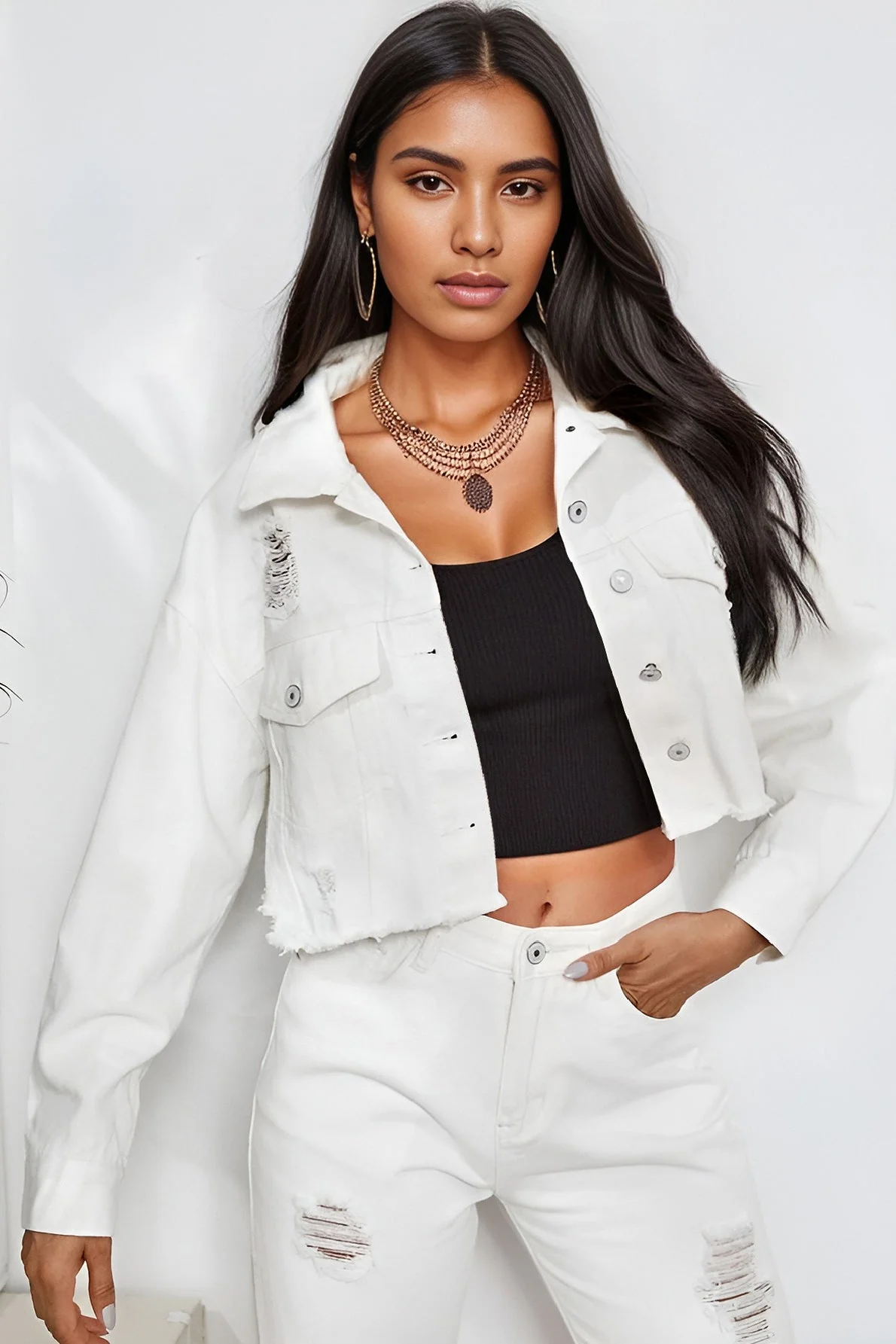 Distressed Raw Hem Denim Jacket - Image 5