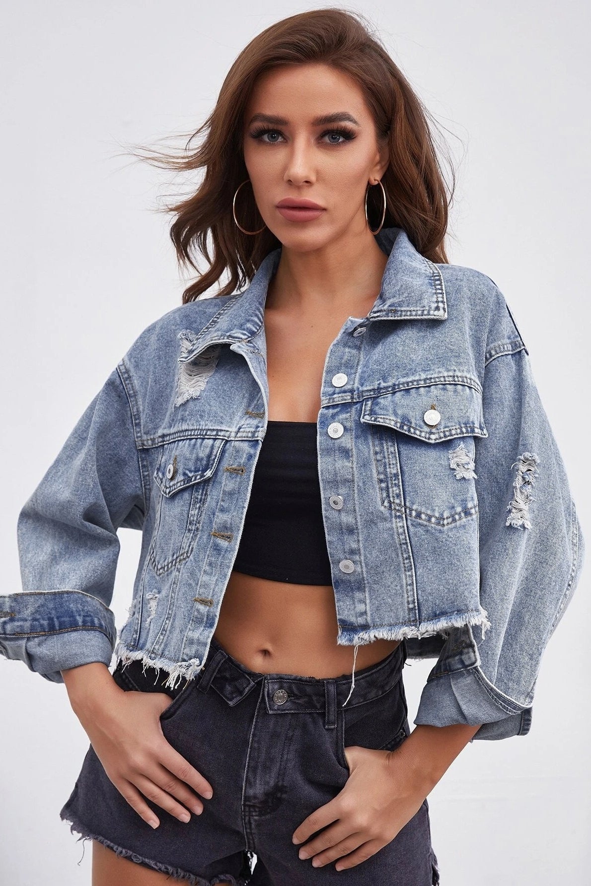 Distressed Raw Hem Denim Jacket - Image 9