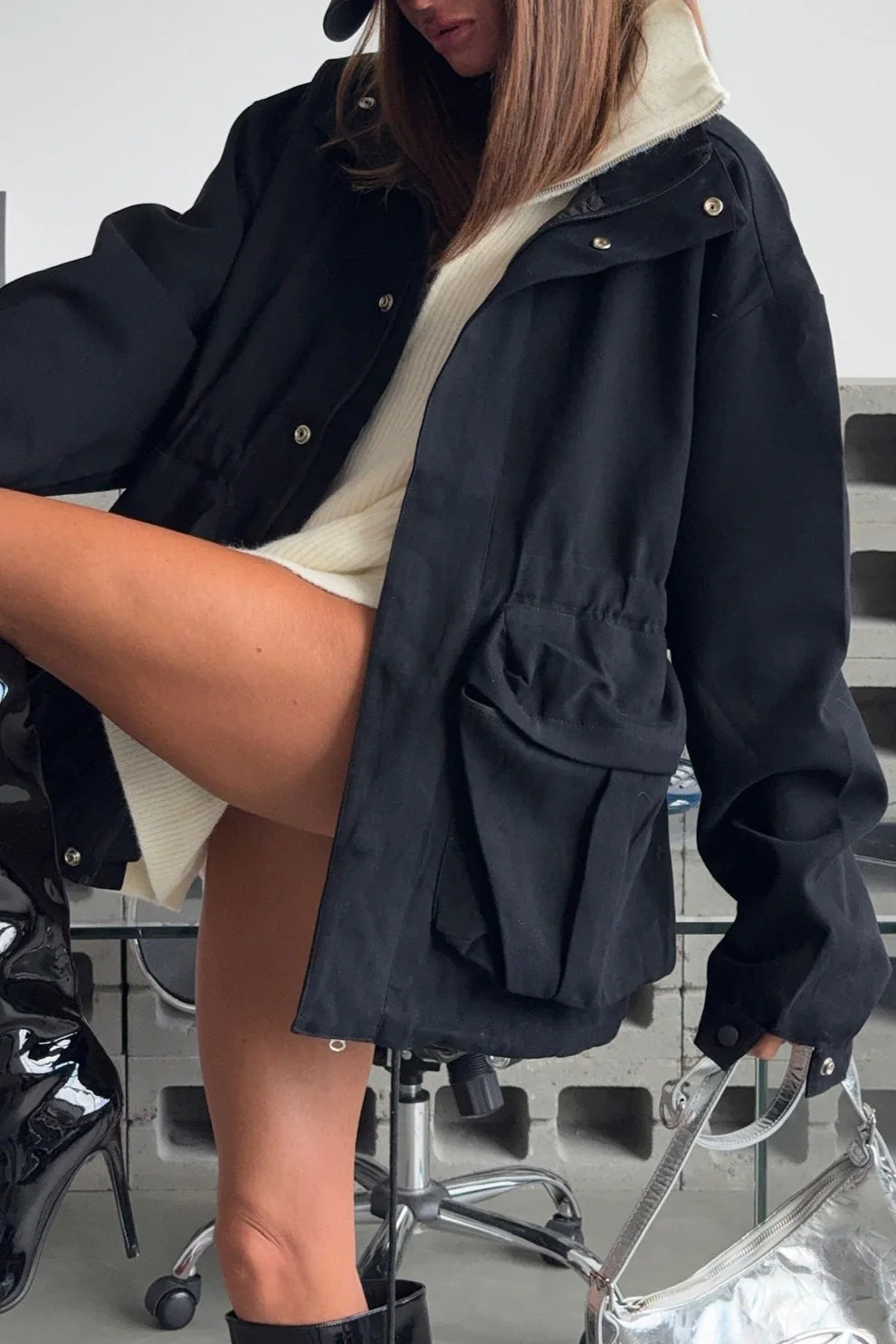 Drawstring Waist Utility Pocket Jacket - Image 4