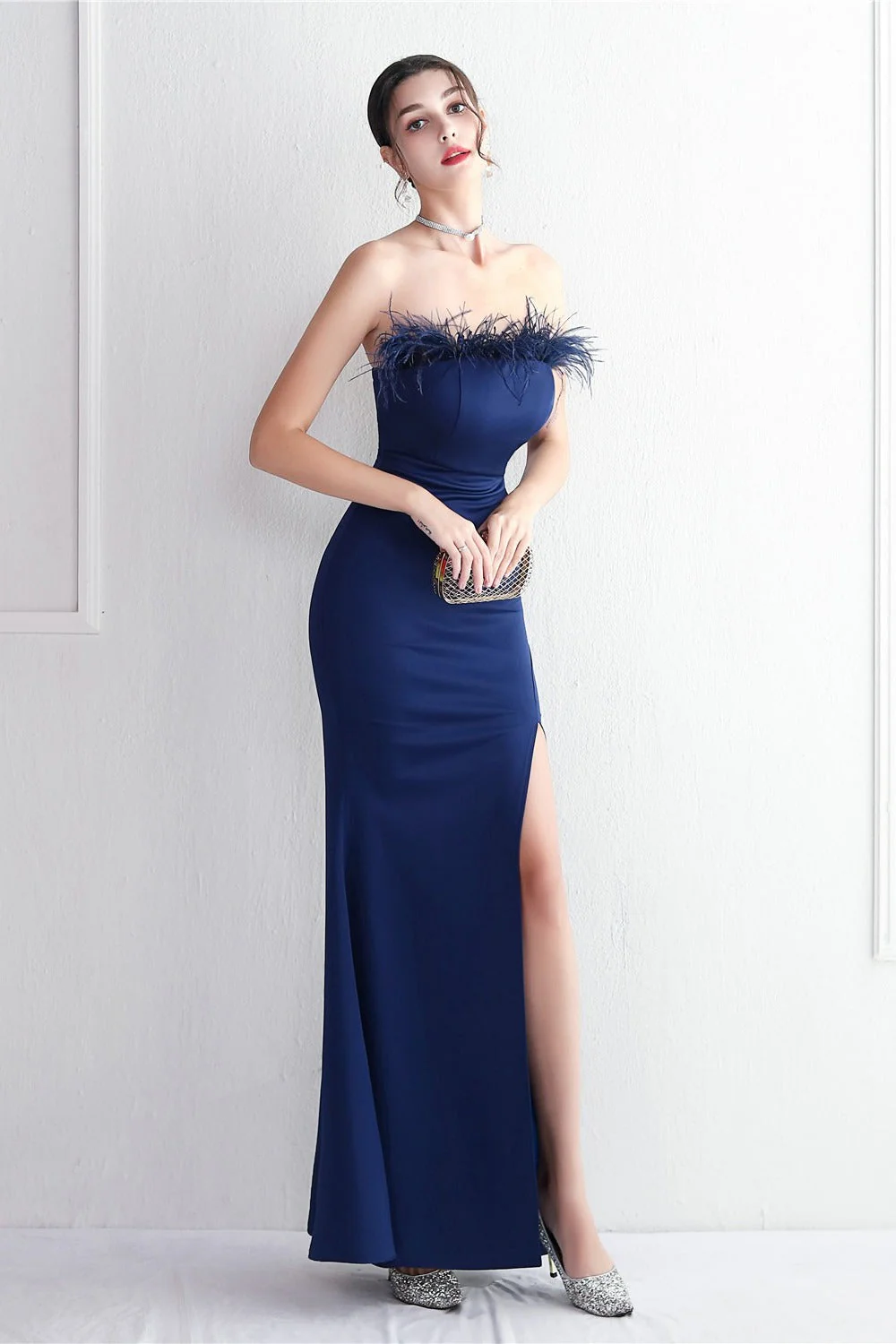 Elegant Feather Trim Strapless Formal Dress - Image 16