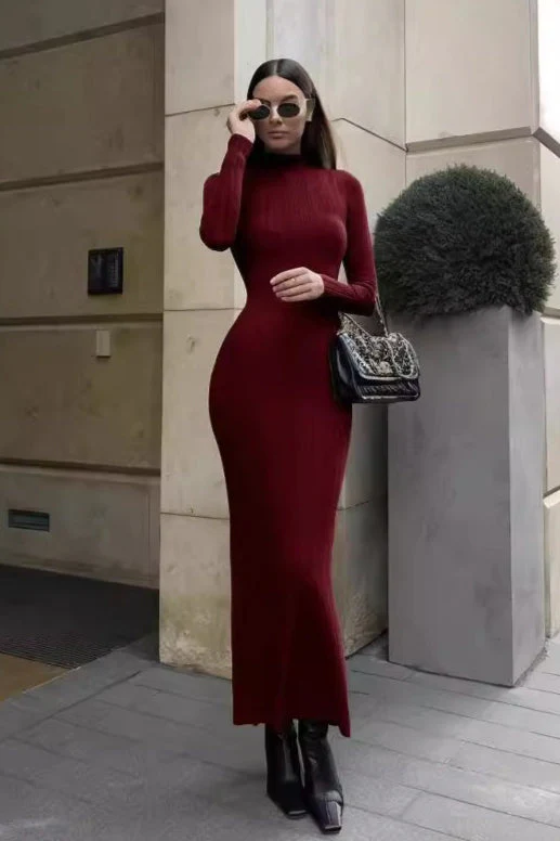 Elegant High Neck Striped Sweater Dress - Image 11