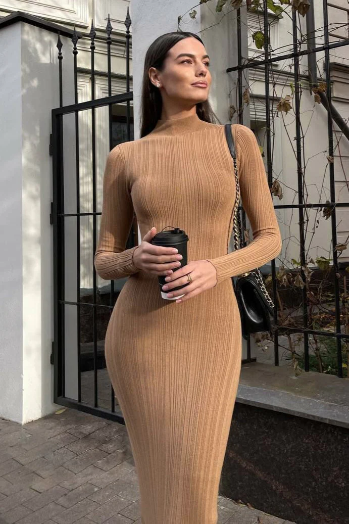Elegant High Neck Striped Sweater Dress - Image 6