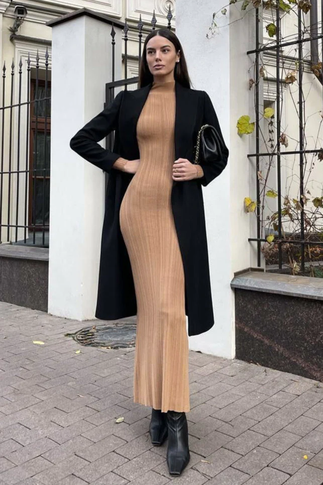 Elegant High Neck Striped Sweater Dress - Image 7