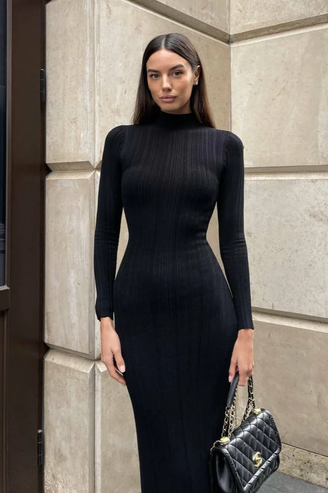 Elegant High Neck Striped Sweater Dress - Image 8