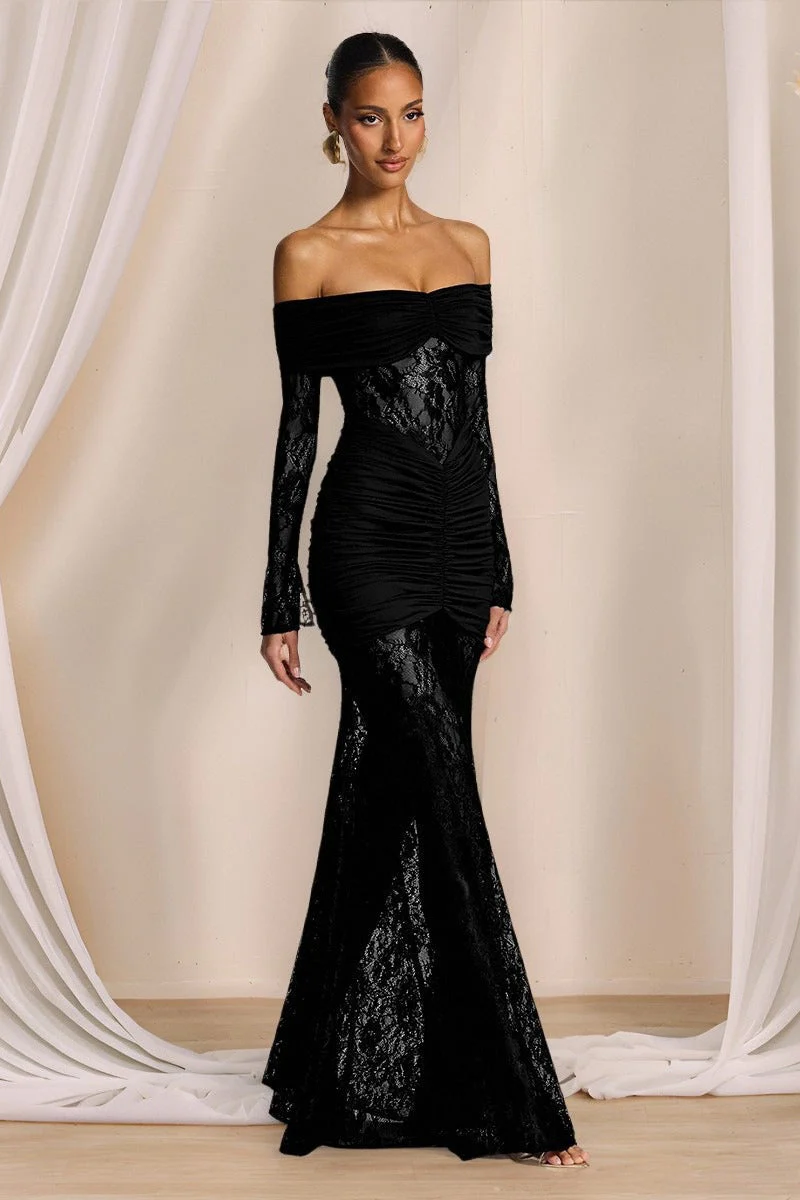 Elegant Lace Off Shoulder Long Sleeve Formal Dress - Image 3