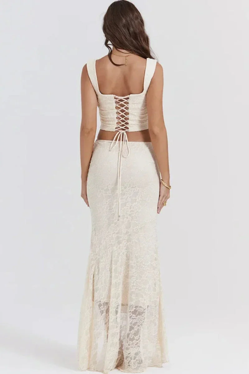 Elegant Lace-Up Crop Top & Maxi Skirt Boho Dress - Image 29