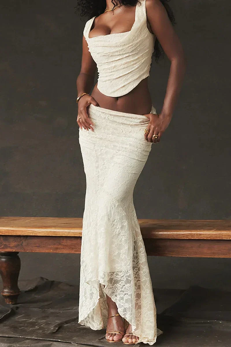 Elegant Lace-Up Crop Top & Maxi Skirt Boho Dress - Image 30