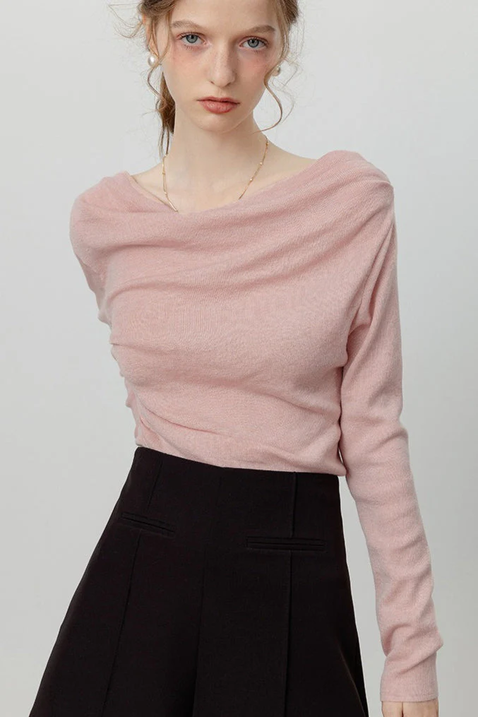 Elegant Slit Neck Tied Waist Knit Top - Image 2