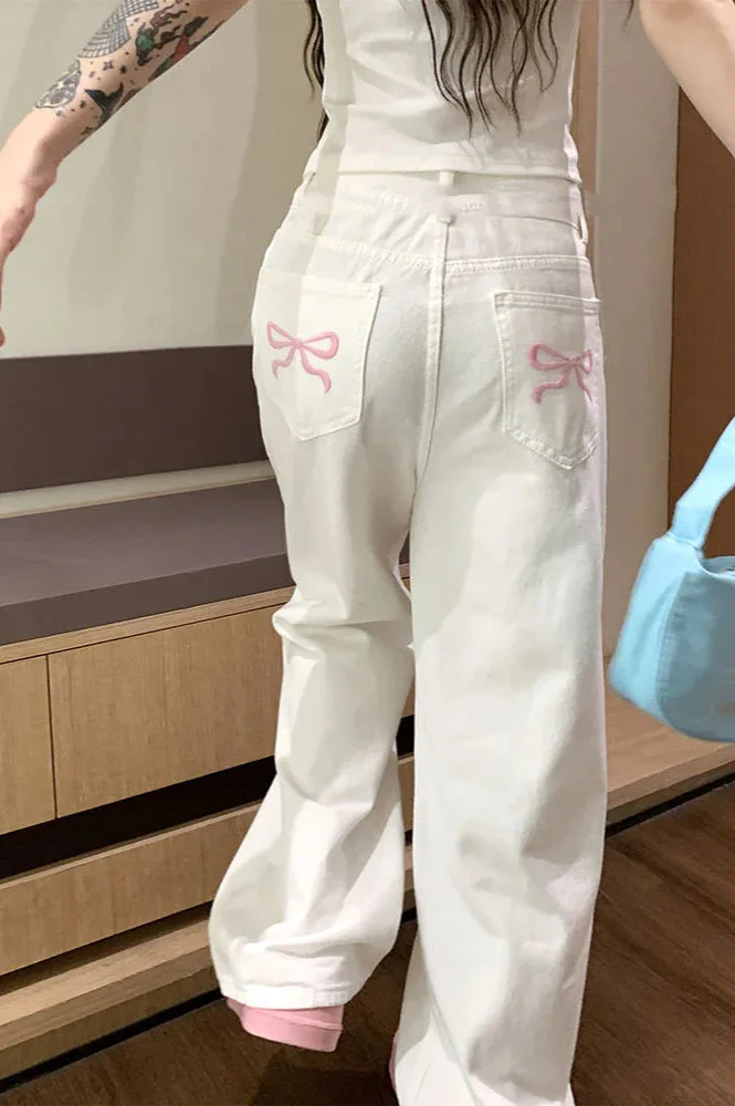 Embroidered Pink Bow Wide Leg Jeans - Image 13