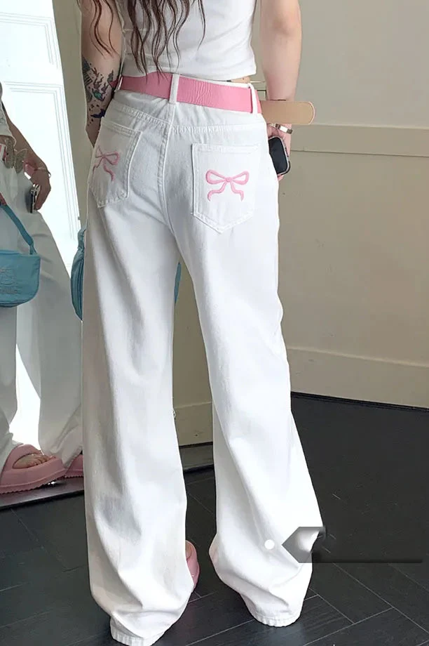 Embroidered Pink Bow Wide Leg Jeans - Image 16