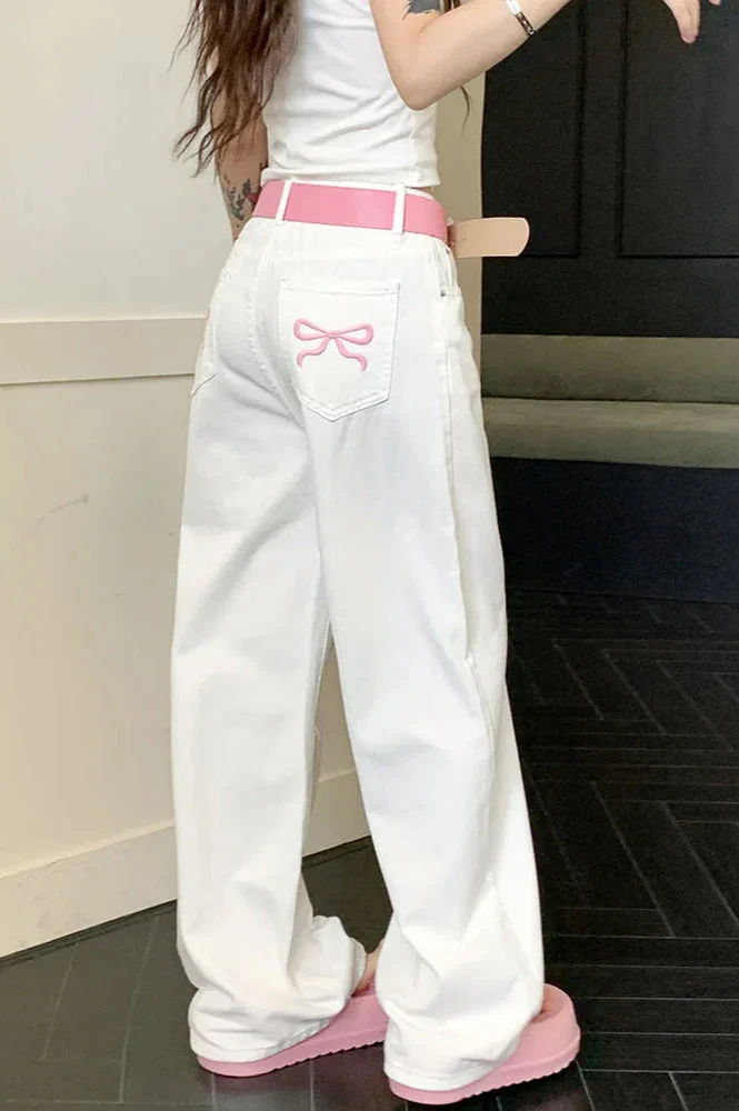 Embroidered Pink Bow Wide Leg Jeans - Image 18